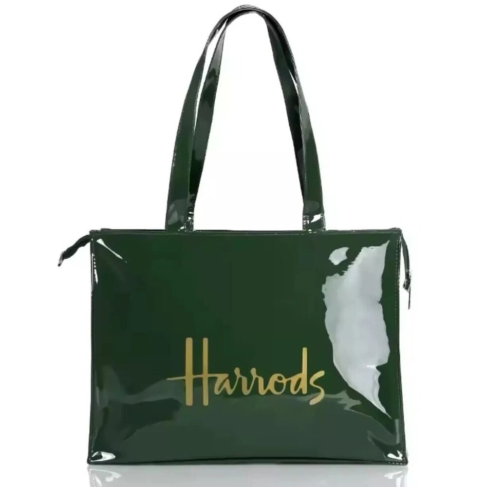 HARRODS LONDON Large PVC Zip Top Tote Bag Glossy Green